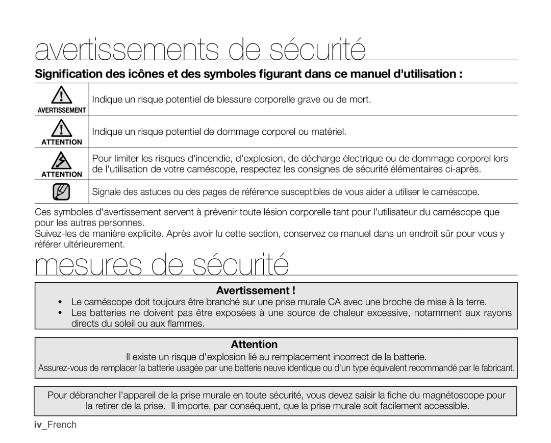 Samsung SMX-C100GP/EDC, SMX-C10GP/XEU, SMX-C10GP/EDC manual Avertissements de sécurité, Mesures de sécurité, IvFrench 