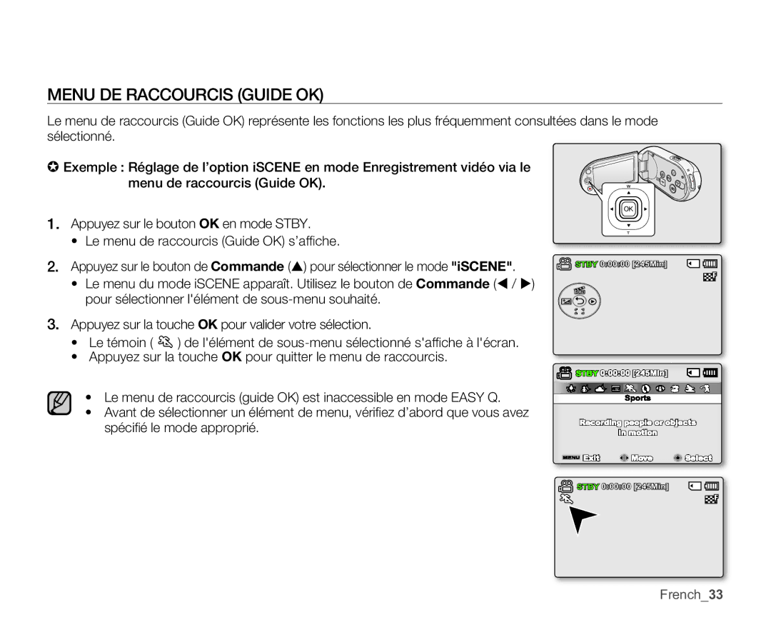 Samsung SMX-C10GP/EDC, SMX-C10GP/XEU, SMX-C14RP/EDC, SMX-C10RP/EDC, SMX-C100GP/EDC manual Menu DE Raccourcis Guide OK, French33 