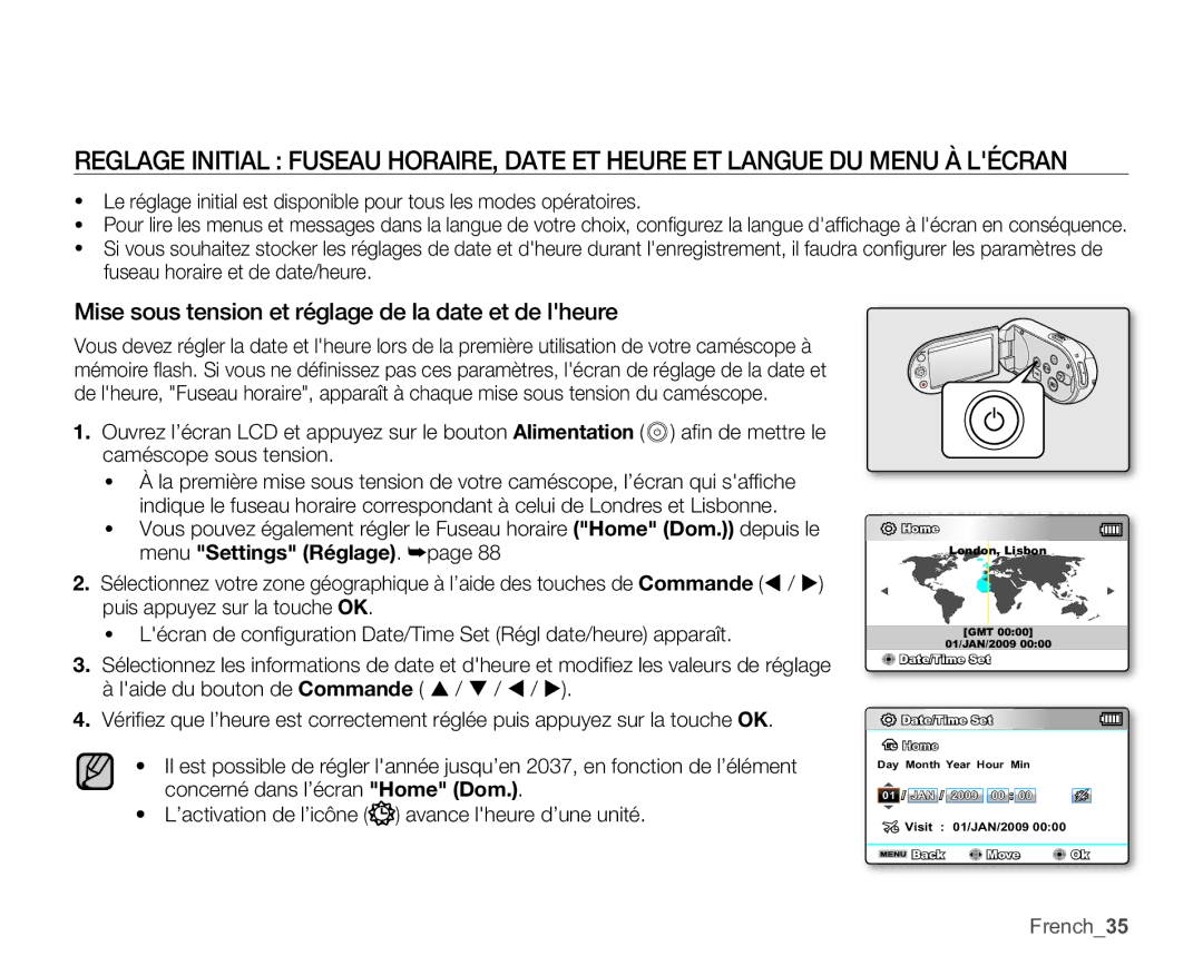 Samsung SMX-C10RP/EDC, SMX-C10GP/XEU, SMX-C10GP/EDC manual Mise sous tension et réglage de la date et de lheure, French35 