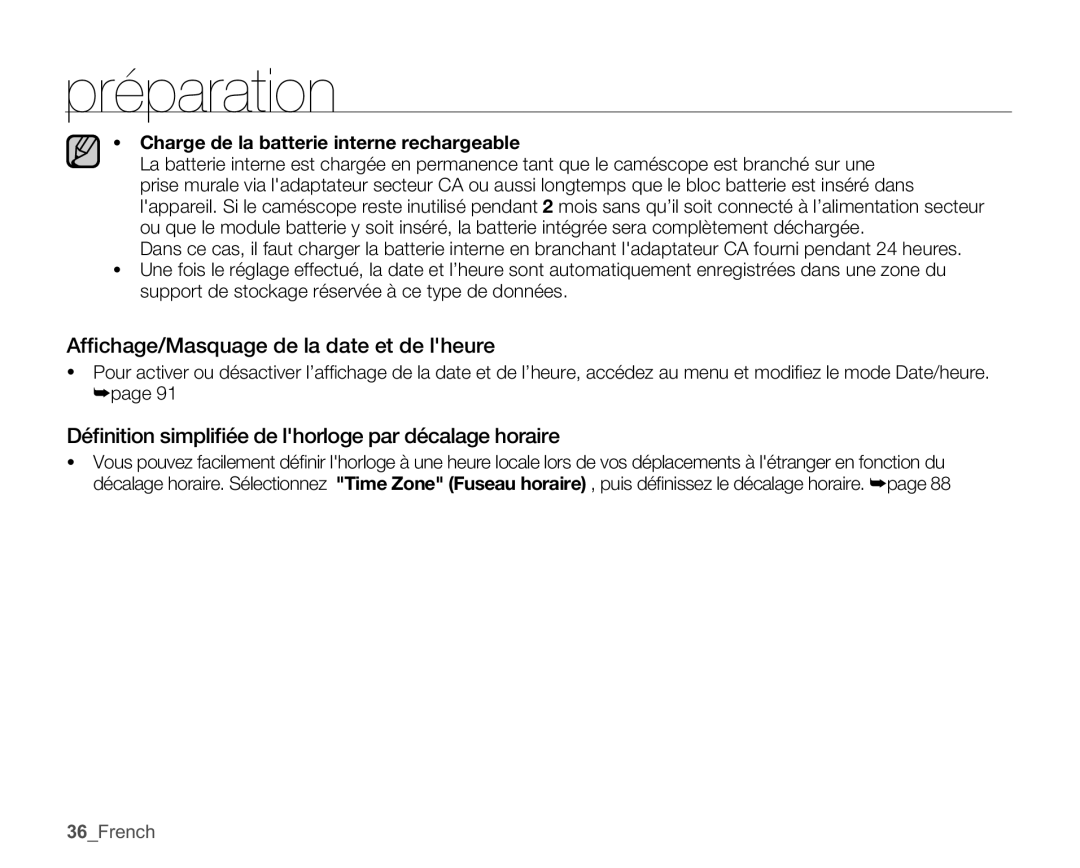 Samsung SMX-C100GP/EDC Afﬁchage/Masquage de la date et de lheure, Déﬁnition simpliﬁée de lhorloge par décalage horaire 