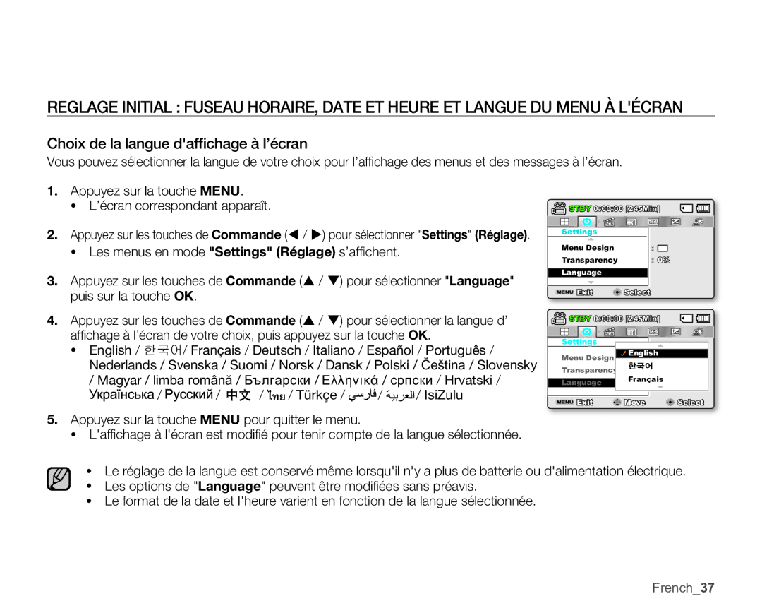 Samsung SMX-C14GP/EDC, SMX-C10GP/XEU, SMX-C10GP/EDC, SMX-C14RP/EDC manual Choix de la langue dafﬁchage à l’écran, French37 