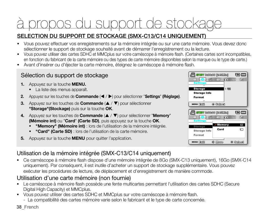 Samsung SMX-C10GP/XEU manual Propos du support de stockage, Selection DU Support DE Stockage SMX-C13/C14 Uniquement 