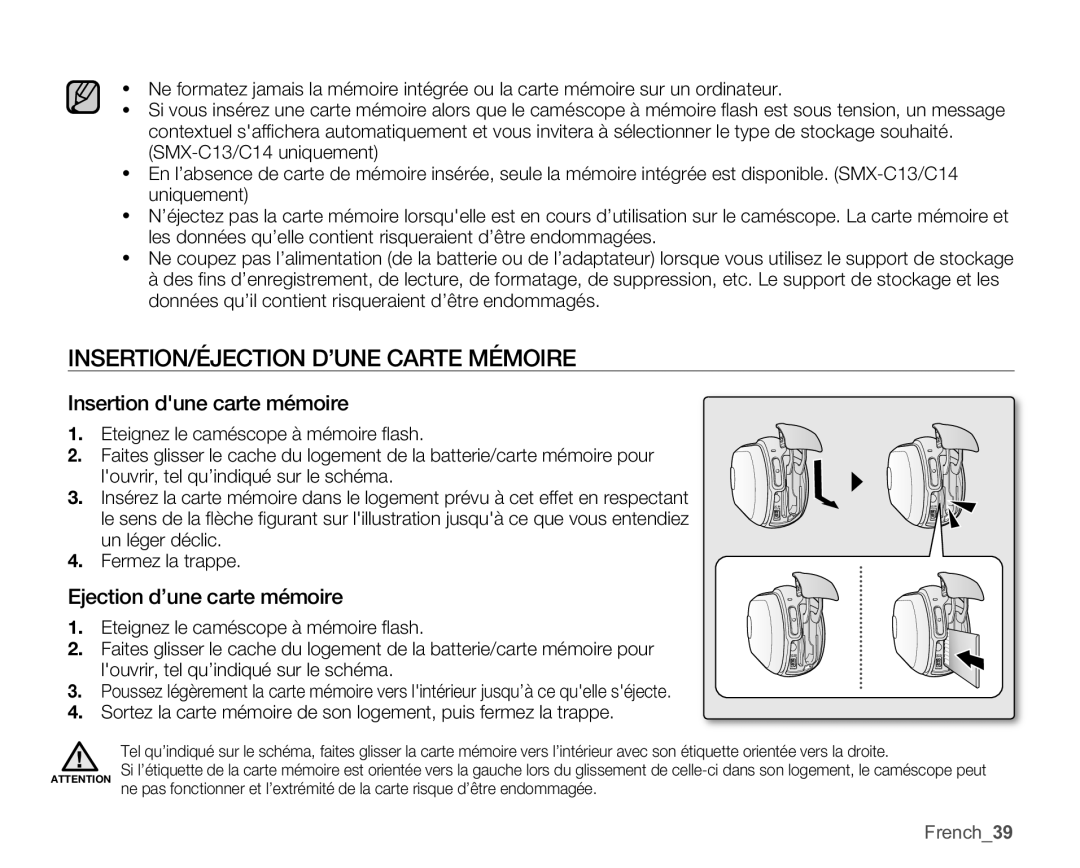 Samsung SMX-C10GP/EDC INSERTION/ÉJECTION D’UNE Carte Mémoire, Insertion dune carte mémoire, Ejection d’une carte mémoire 