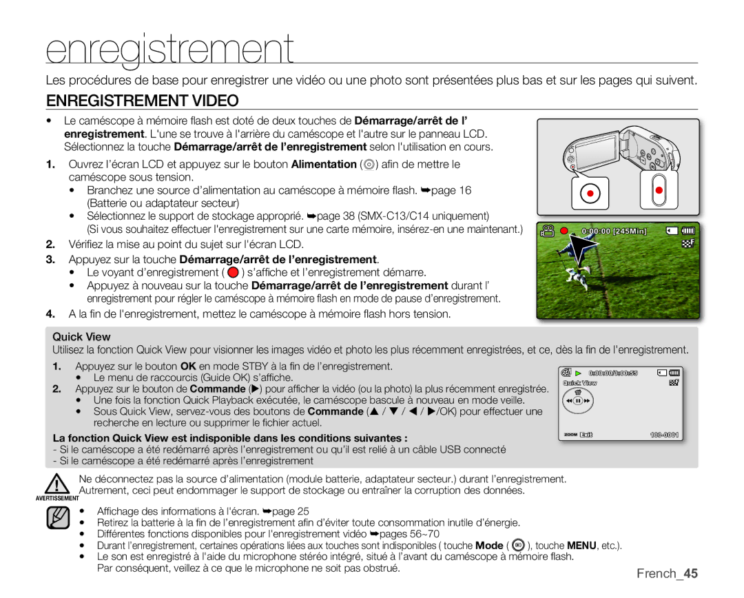 Samsung SMX-C10GP/EDC, SMX-C10GP/XEU Enregistrement Video, Appuyez sur la touche Démarrage/arrêt de l’enregistrement 