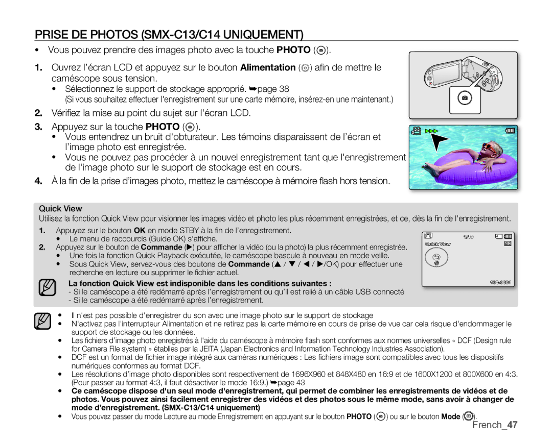 Samsung SMX-C10RP/EDC, SMX-C10GP/XEU, SMX-C10GP/EDC, SMX-C14RP/EDC manual Prise DE Photos SMX-C13/C14 Uniquement, French47 