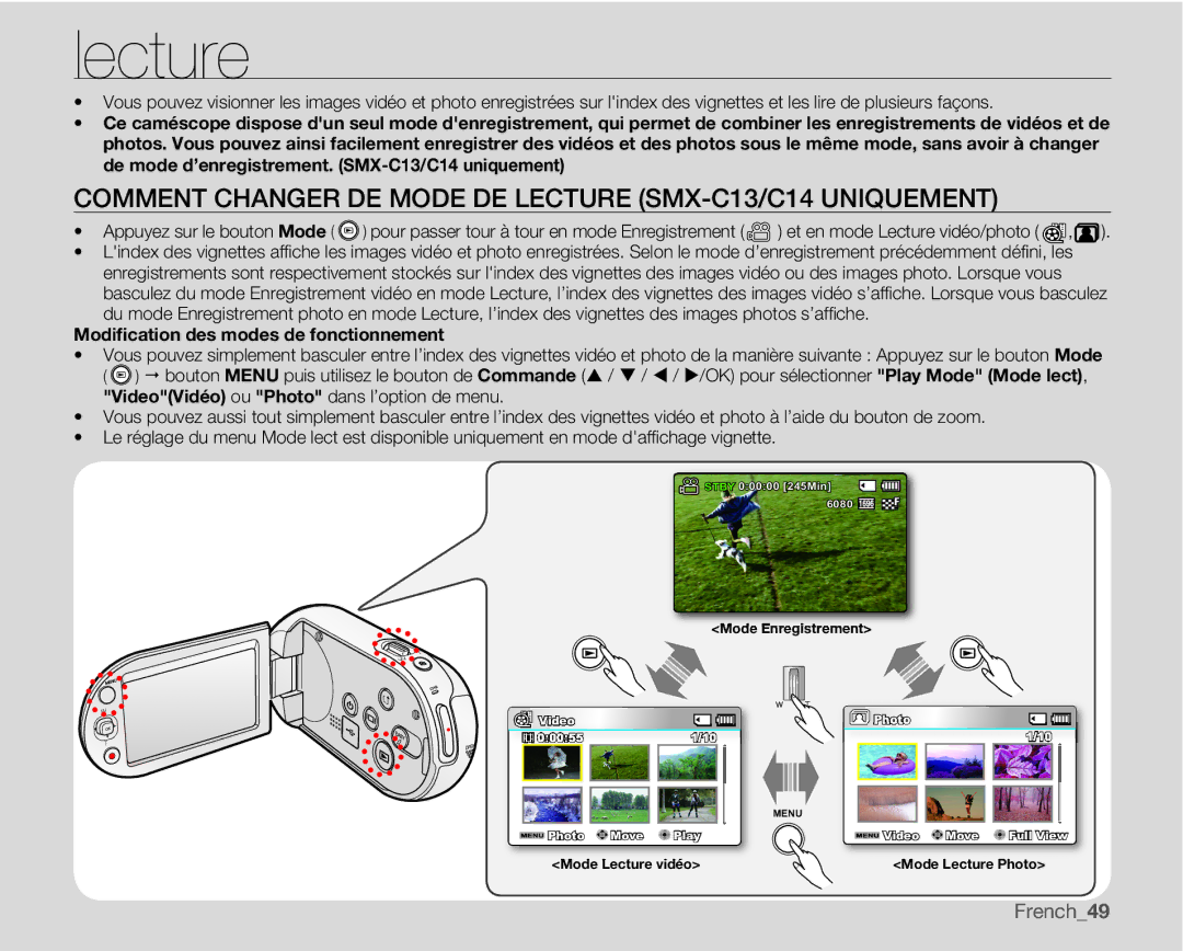 Samsung SMX-C14GP/EDC, SMX-C10GP/XEU, SMX-C10GP/EDC manual Comment Changer DE Mode DE Lecture SMX-C13/C14 Uniquement 