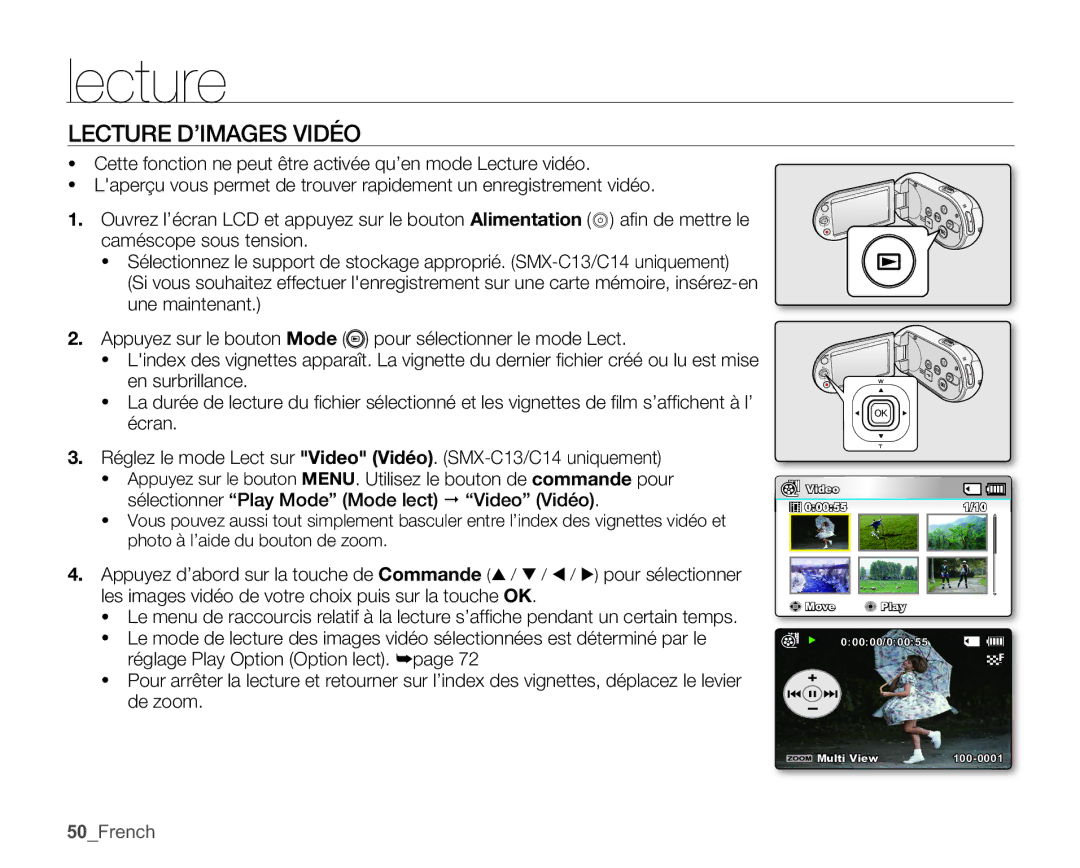 Samsung SMX-C10GP/XEU, SMX-C10GP/EDC, SMX-C14RP/EDC, SMX-C10RP/EDC, SMX-C100GP/EDC manual Lecture D’IMAGES Vidéo, 50French 