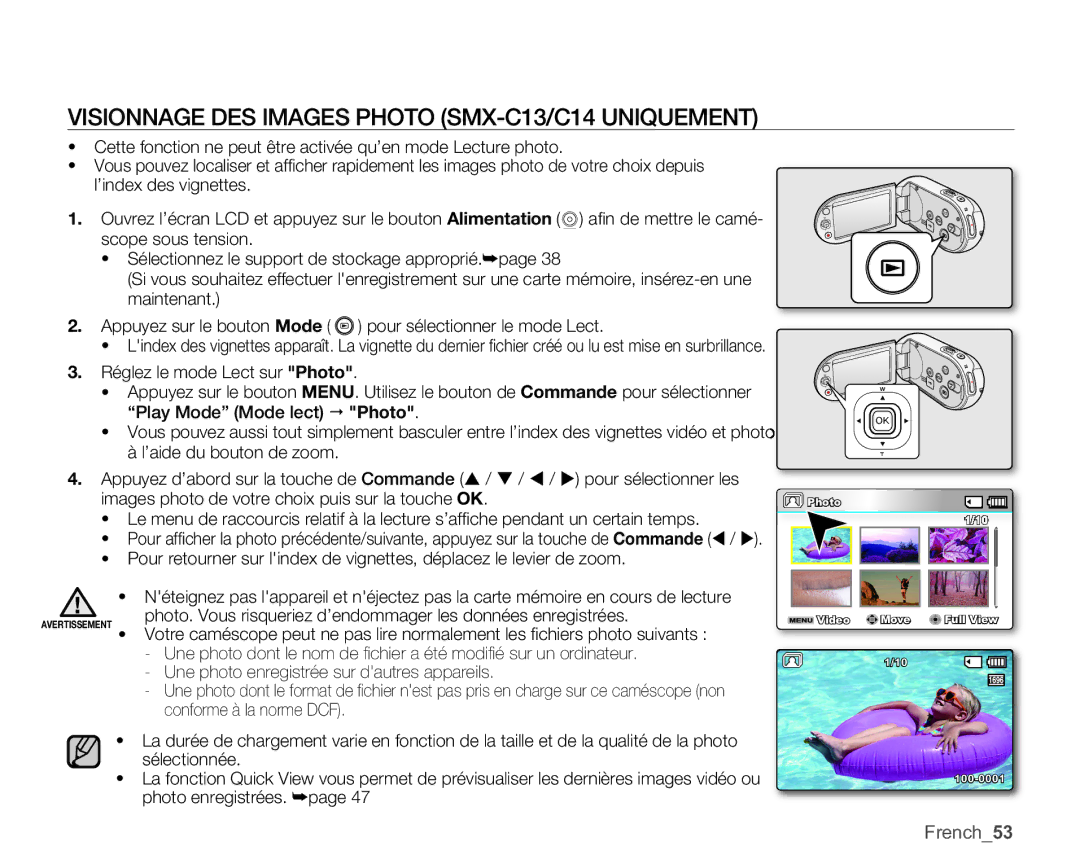 Samsung SMX-C10RP/EDC, SMX-C10GP/XEU, SMX-C10GP/EDC manual Visionnage DES Images Photo SMX-C13/C14 Uniquement, French53 