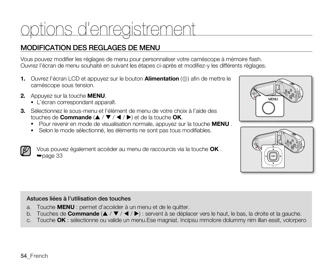 Samsung SMX-C100GP/EDC, SMX-C10GP/XEU, SMX-C10GP/EDC Options d’enregistrement, Modification DES Reglages DE Menu, 54French 