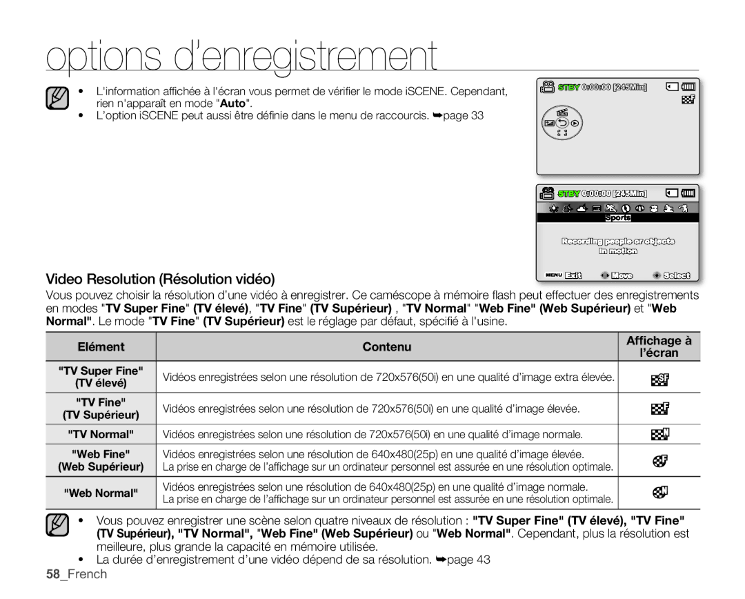 Samsung SMX-C14RP/EDC, SMX-C10GP/XEU, SMX-C10GP/EDC Video Resolution Résolution vidéo, 58French, Elément Contenu Afﬁchage à 