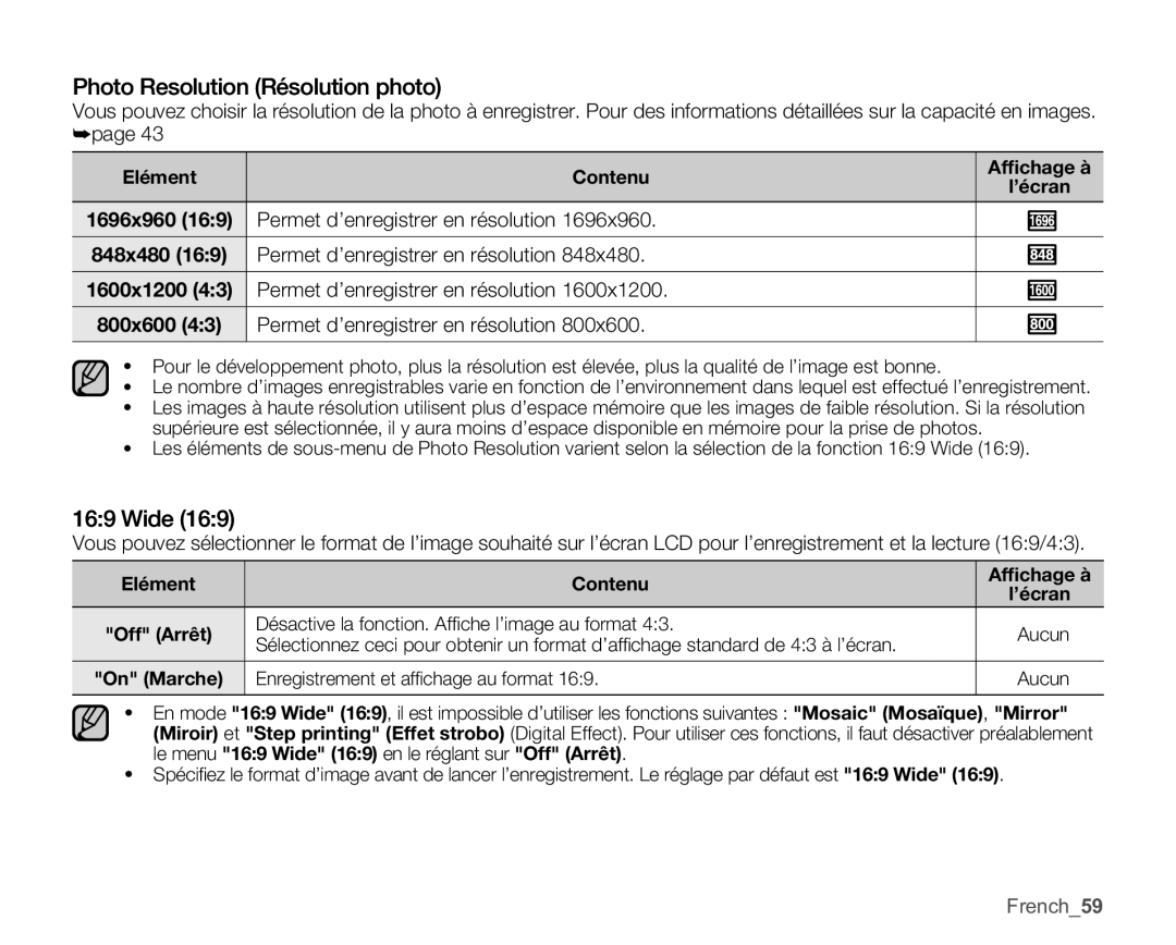 Samsung SMX-C10RP/EDC, SMX-C10GP/XEU Photo Resolution Résolution photo, Wide, Permet d’enregistrer en résolution, French59 