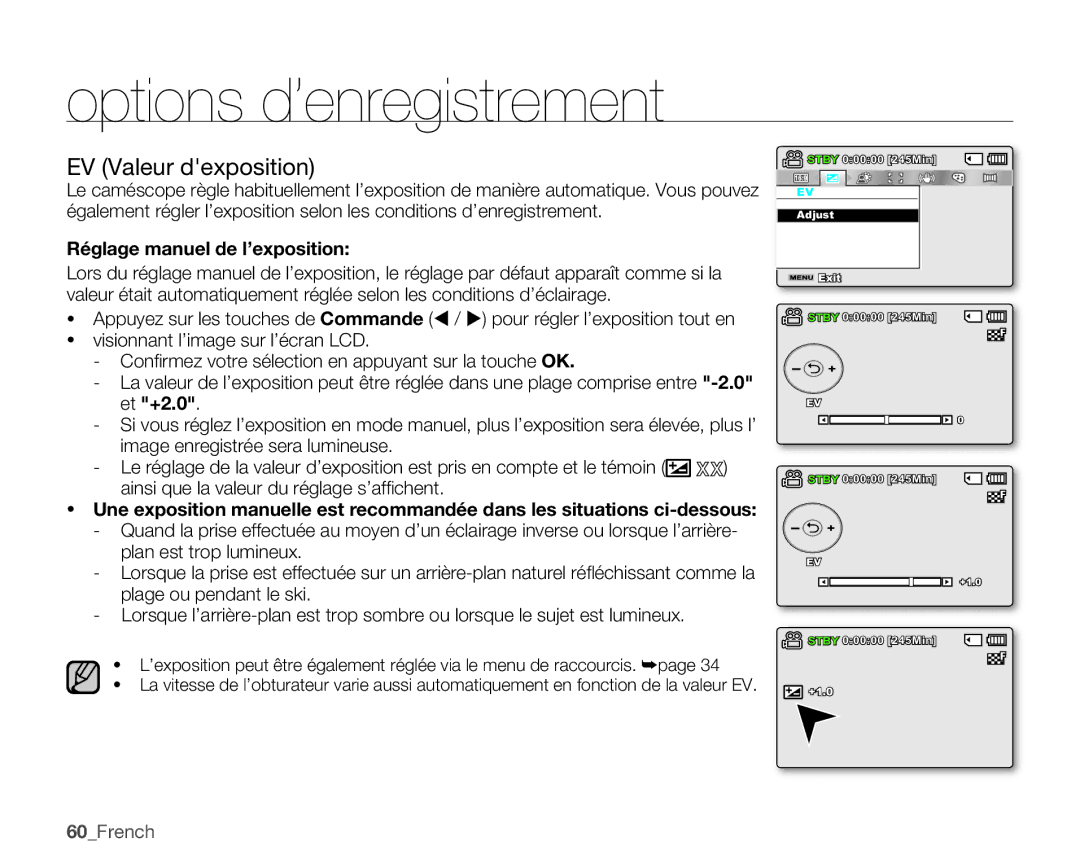Samsung SMX-C100GP/EDC, SMX-C10GP/XEU, SMX-C10GP/EDC manual EV Valeur dexposition, Réglage manuel de l’exposition, 60French 