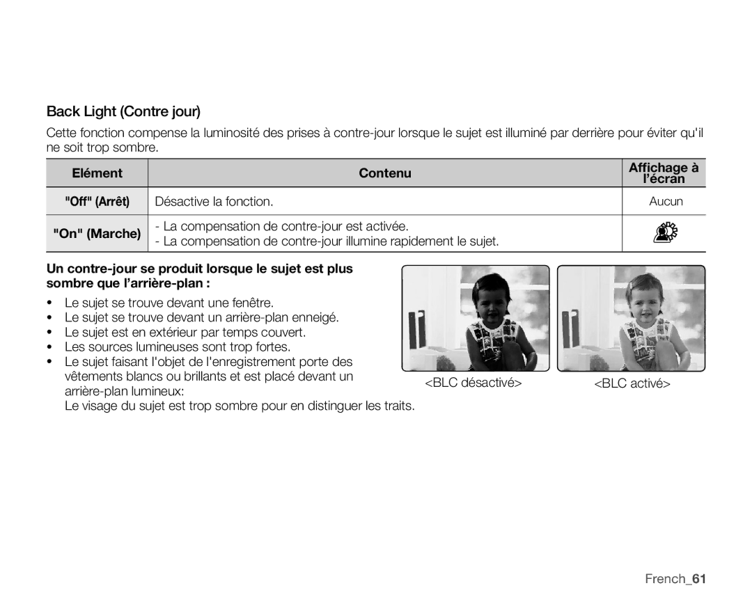 Samsung SMX-C14GP/EDC Back Light Contre jour, Elément Contenu Afﬁchage à, Désactive la fonction, Arrière-plan lumineux 