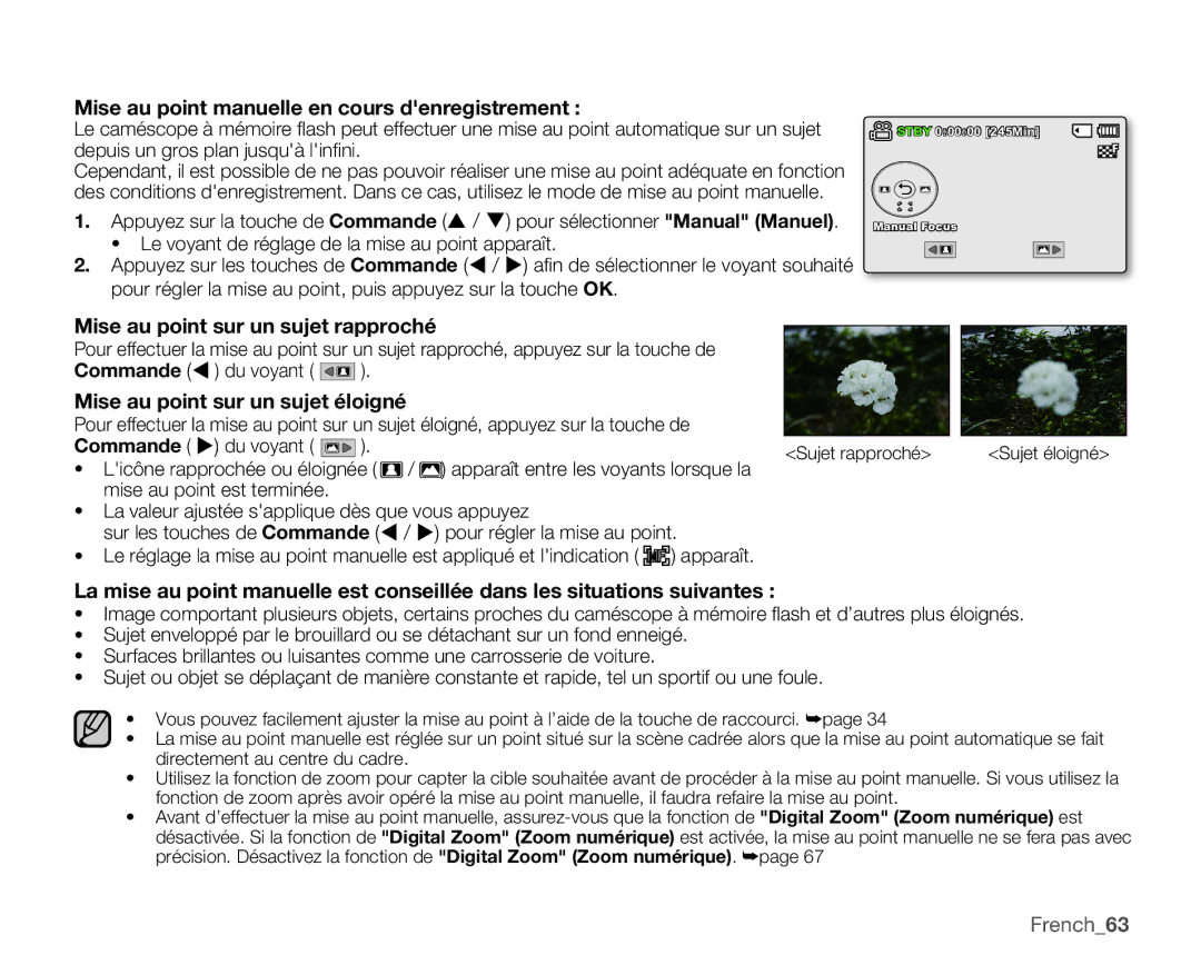 Samsung SMX-C10GP/EDC Mise au point manuelle en cours denregistrement, Mise au point sur un sujet rapproché, French63 