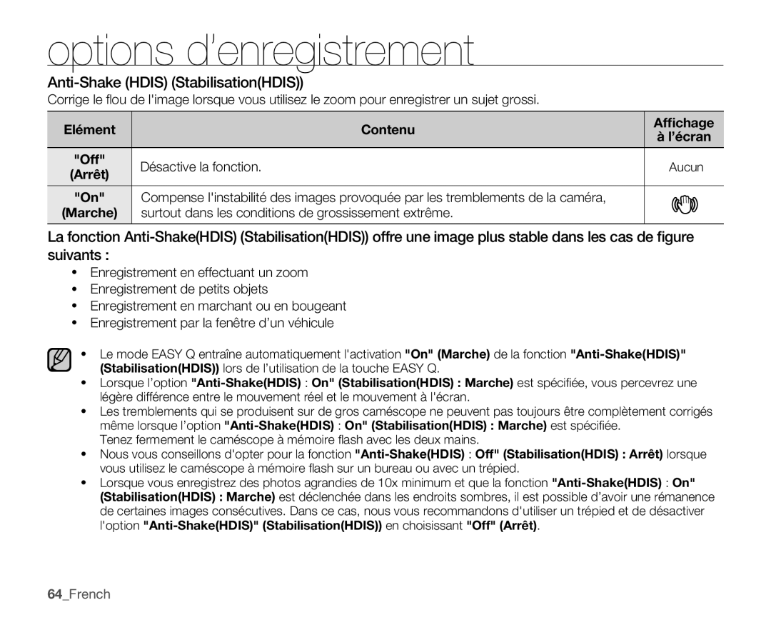 Samsung SMX-C14RP/EDC manual Anti-Shake Hdis StabilisationHDIS, Elément Contenu Afﬁchage, Désactive la fonction, 64French 