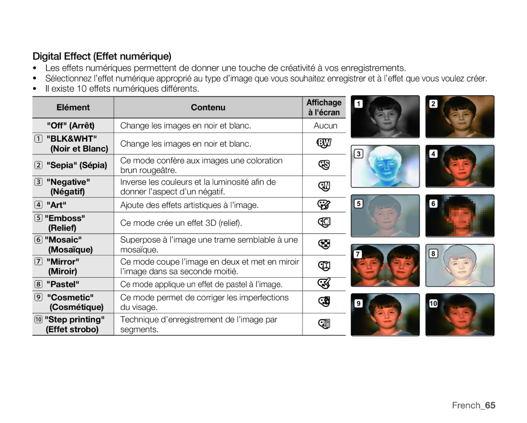 Samsung SMX-C10RP/EDC, SMX-C10GP/XEU Digital Effect Effet numérique, Il existe 10 effets numériques différents, French65 