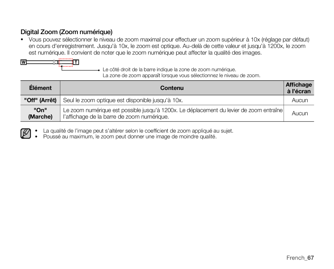 Samsung SMX-C14GP/EDC manual Digital Zoom Zoom numérique, Élément Contenu, Seul le zoom optique est disponible jusquà Aucun 