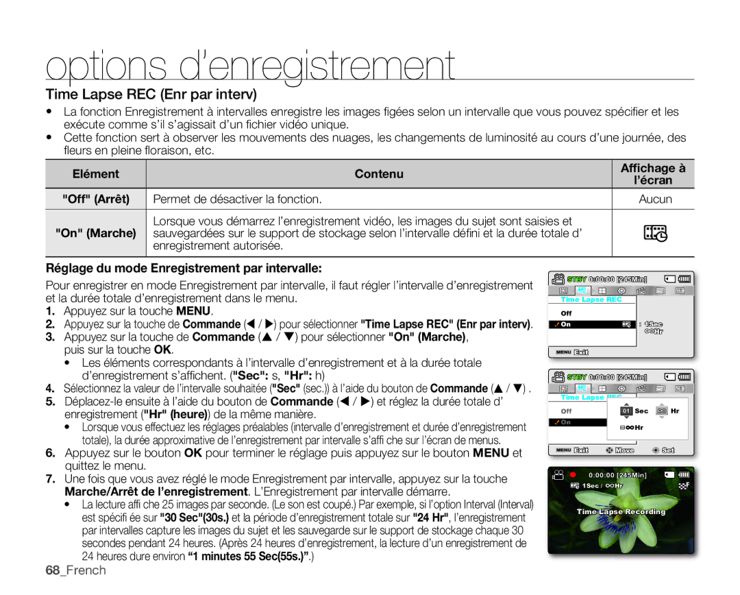 Samsung SMX-C10GP/XEU manual Time Lapse REC Enr par interv, Réglage du mode Enregistrement par intervalle, 68French 