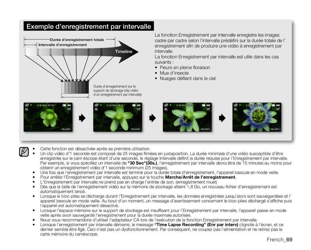 Samsung SMX-C10GP/EDC, SMX-C10GP/XEU, SMX-C14RP/EDC, SMX-C10RP/EDC manual Exemple d’enregistrement par intervalle, French69 