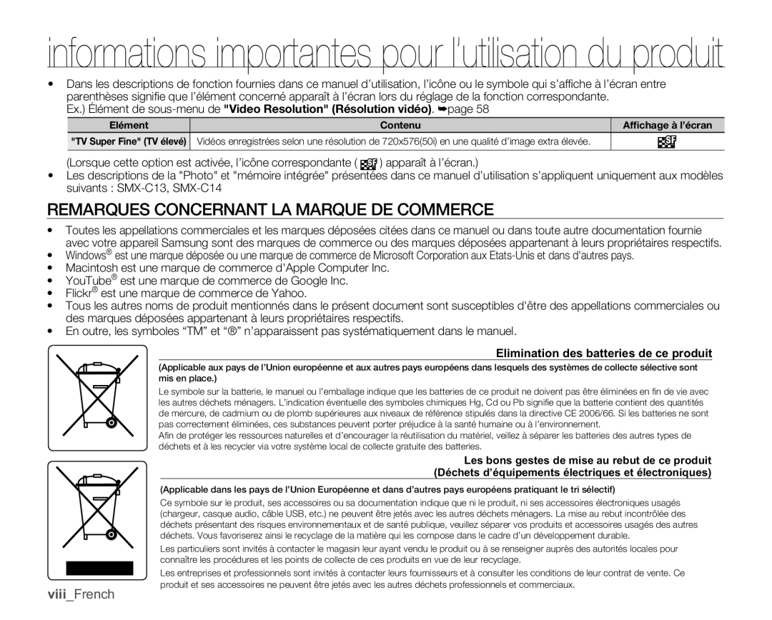 Samsung SMX-C14RP/EDC Remarques Concernant LA Marque DE Commerce, ViiiFrench, Elimination des batteries de ce produit 