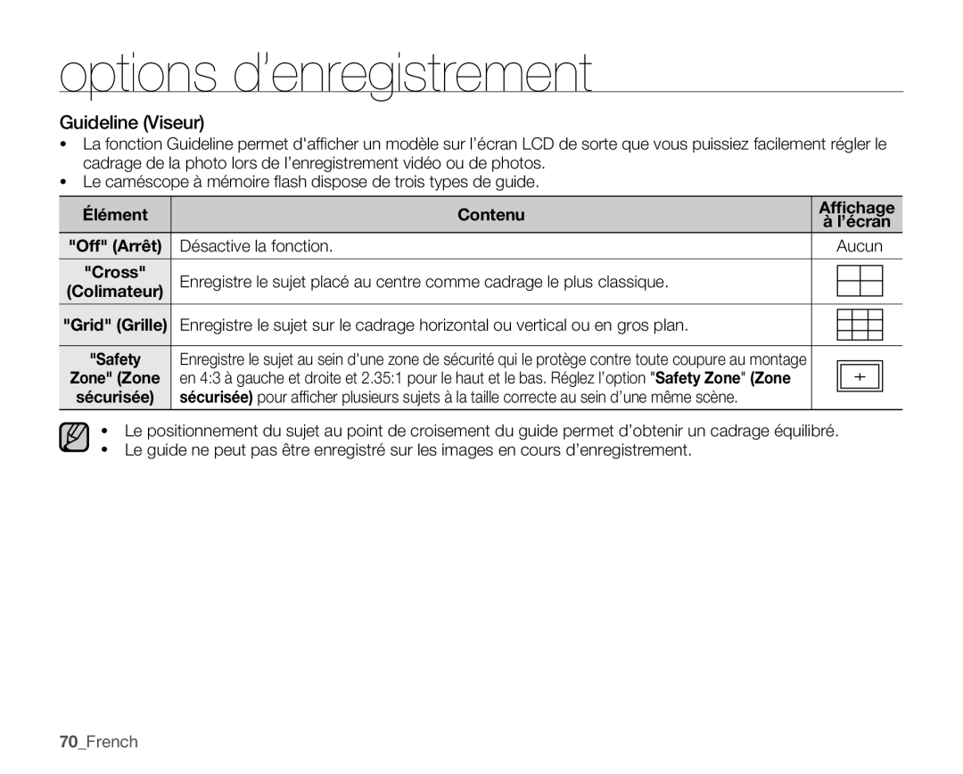 Samsung SMX-C14RP/EDC manual Guideline Viseur, Élément Contenu Afﬁchage, Désactive la fonction Aucun, Sécurisée, 70French 