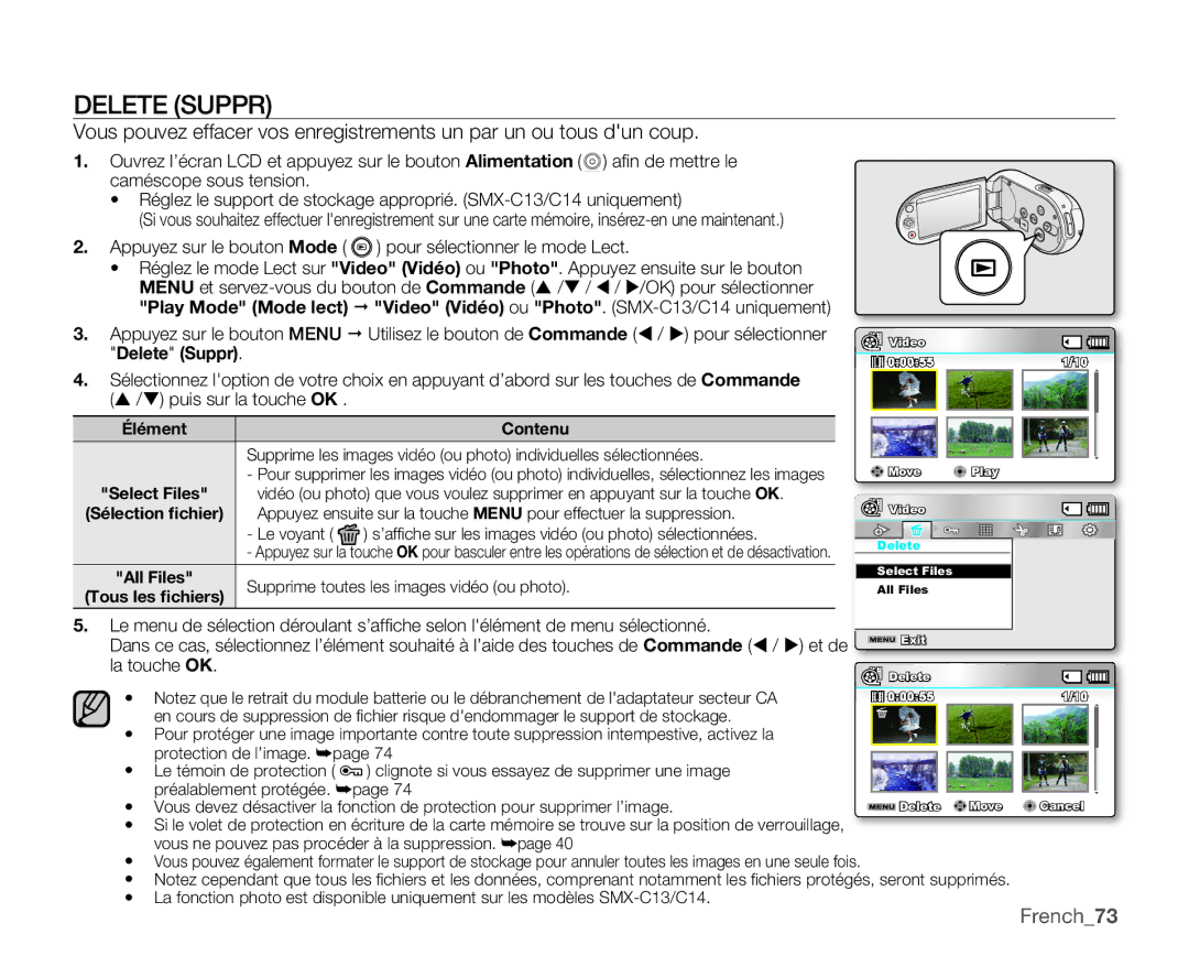 Samsung SMX-C14GP/EDC, SMX-C10GP/XEU, SMX-C10GP/EDC, SMX-C14RP/EDC manual Delete Suppr, French73, Élément, Sélection ﬁchier 