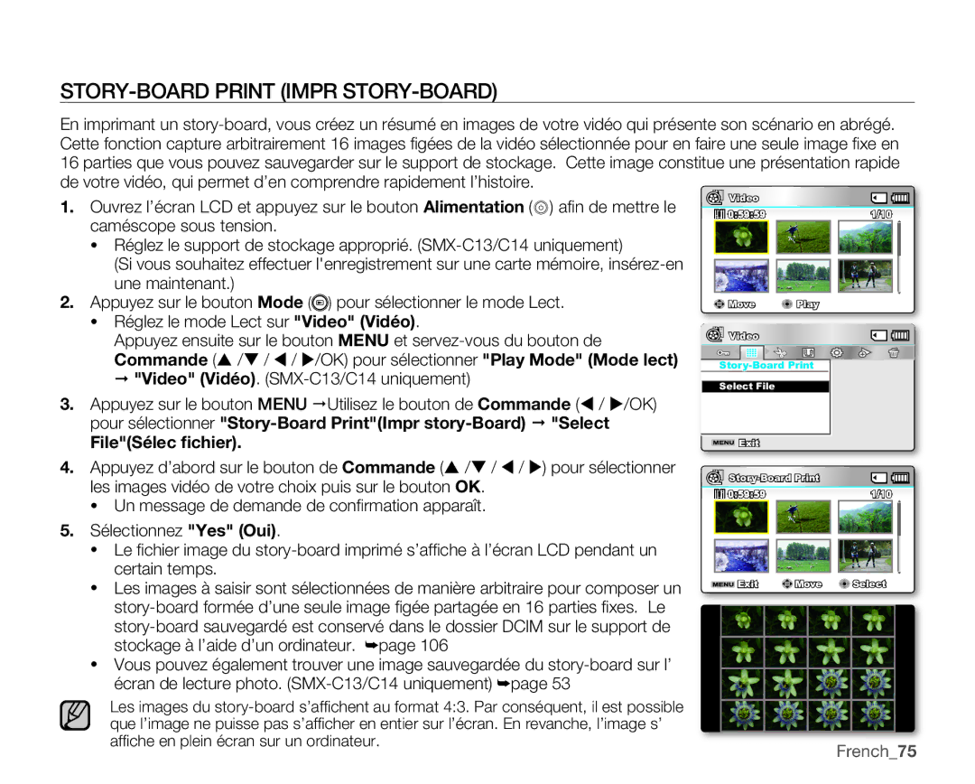 Samsung SMX-C10GP/EDC manual STORY-BOARD Print Impr STORY-BOARD, Š Video Vidéo. SMX-C13/C14 uniquement, FileSélec ﬁchier 