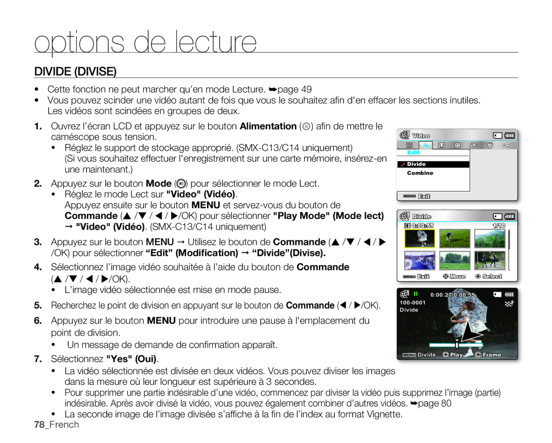 Samsung SMX-C100GP/EDC, SMX-C10GP/XEU manual Divide Divise, OK pour sélectionner Edit Modiﬁcation Š DivideDivise, 78French 