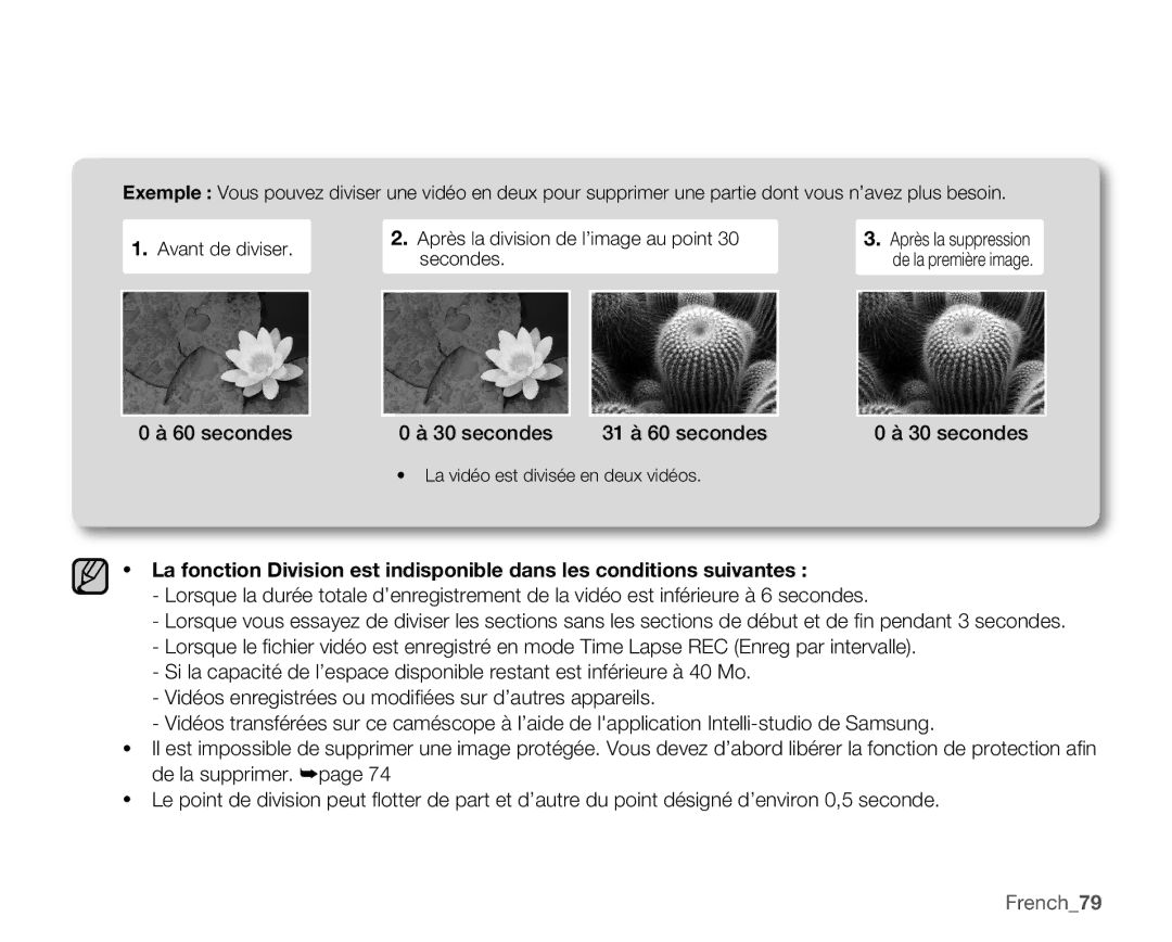 Samsung SMX-C14GP/EDC, SMX-C10GP/XEU, SMX-C10GP/EDC, SMX-C14RP/EDC manual secondes 30 secondes 31 à 60 secondes, French79 