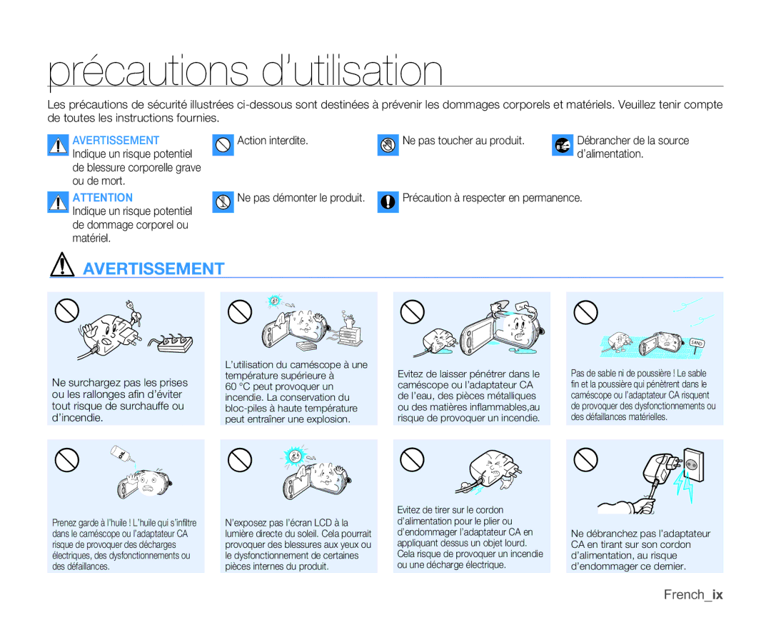 Samsung SMX-C10RP/EDC, SMX-C10GP/XEU, SMX-C10GP/EDC, SMX-C14RP/EDC, SMX-C100GP/EDC manual Précautions d’utilisation, Frenchix 