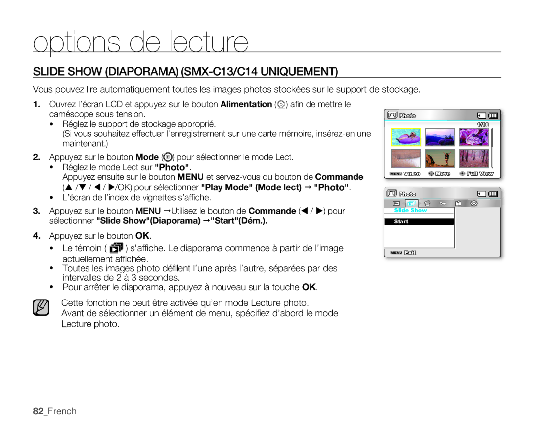 Samsung SMX-C14RP/EDC, SMX-C10GP/XEU, SMX-C10GP/EDC, SMX-C10RP/EDC Slide Show Diaporama SMX-C13/C14 Uniquement, 82French 