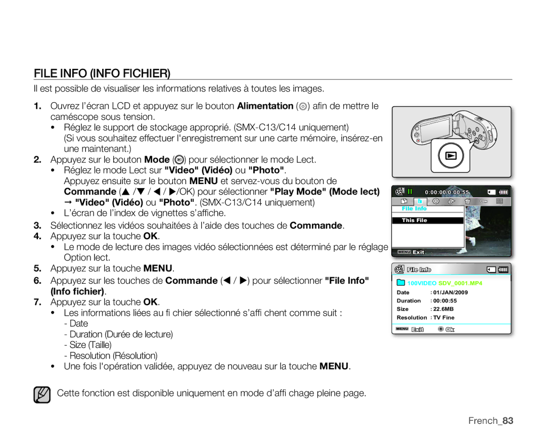 Samsung SMX-C10RP/EDC, SMX-C10GP/XEU, SMX-C10GP/EDC, SMX-C14RP/EDC, SMX-C100GP/EDC manual File Info Info Fichier, French83 