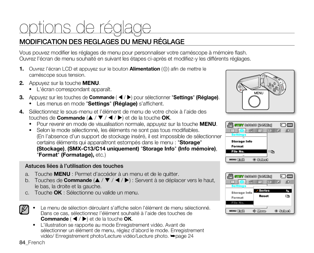 Samsung SMX-C100GP/EDC, SMX-C10GP/XEU manual Options de réglage, Modification DES Reglages DU Menu Réglage, 84French 