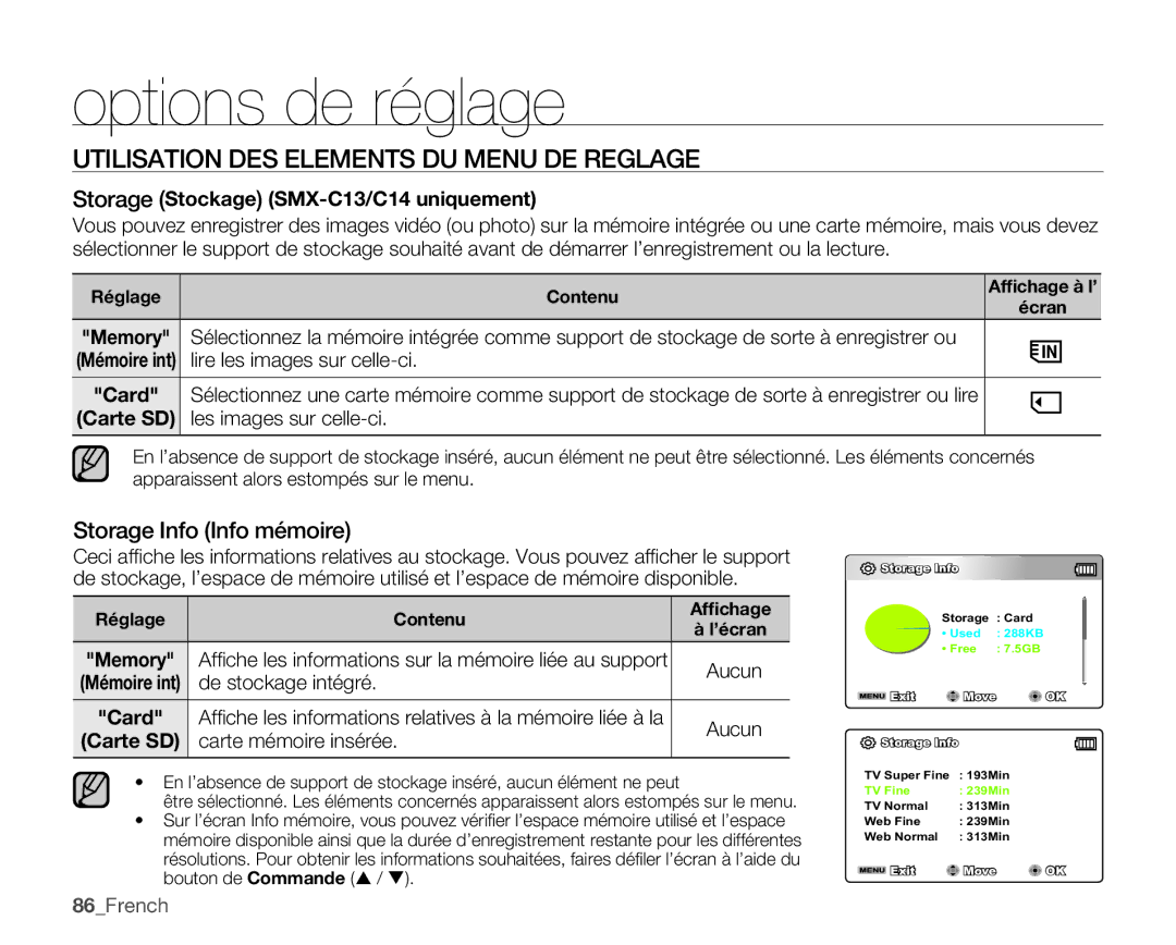 Samsung SMX-C10GP/XEU, SMX-C10GP/EDC, SMX-C14RP/EDC Utilisation DES Elements DU Menu DE Reglage, Storage Info Info mémoire 