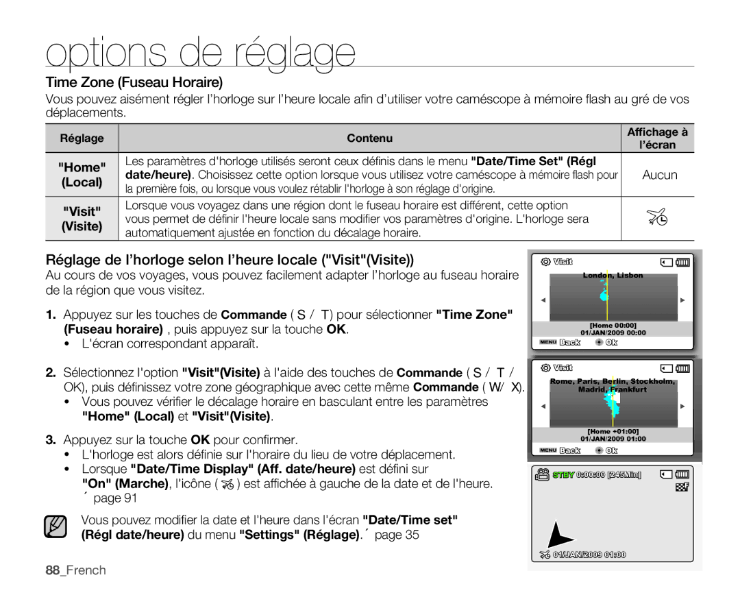 Samsung SMX-C14RP/EDC manual Time Zone Fuseau Horaire, Réglage de l’horloge selon l’heure locale VisitVisite, 88French 