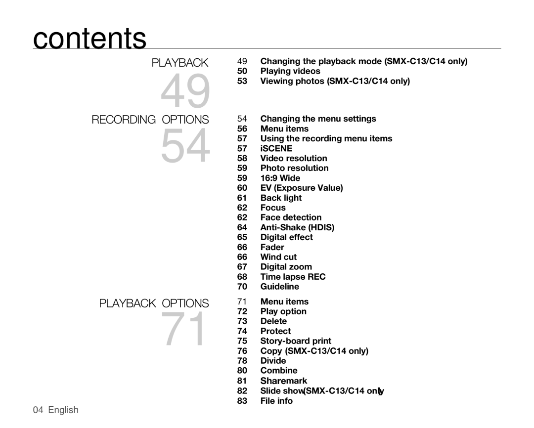 Samsung SMX-C10RP/AAW, SMX-C10GP/XEU, SMX-C10GP/EDC, SMX-C14RP/EDC manual Playback Recording options Playback options, English 