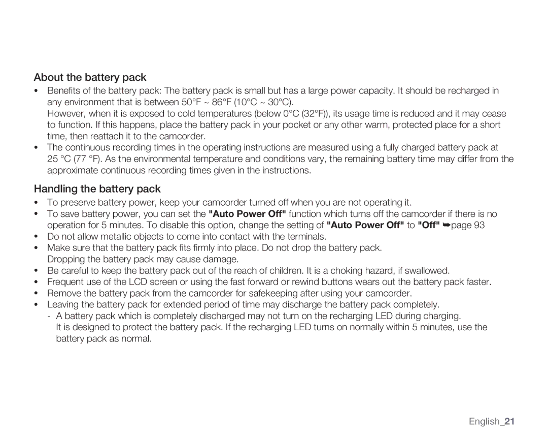 Samsung SMX-C14GP/XER, SMX-C10GP/XEU, SMX-C10GP/EDC manual About the battery pack, Handling the battery pack, English21 