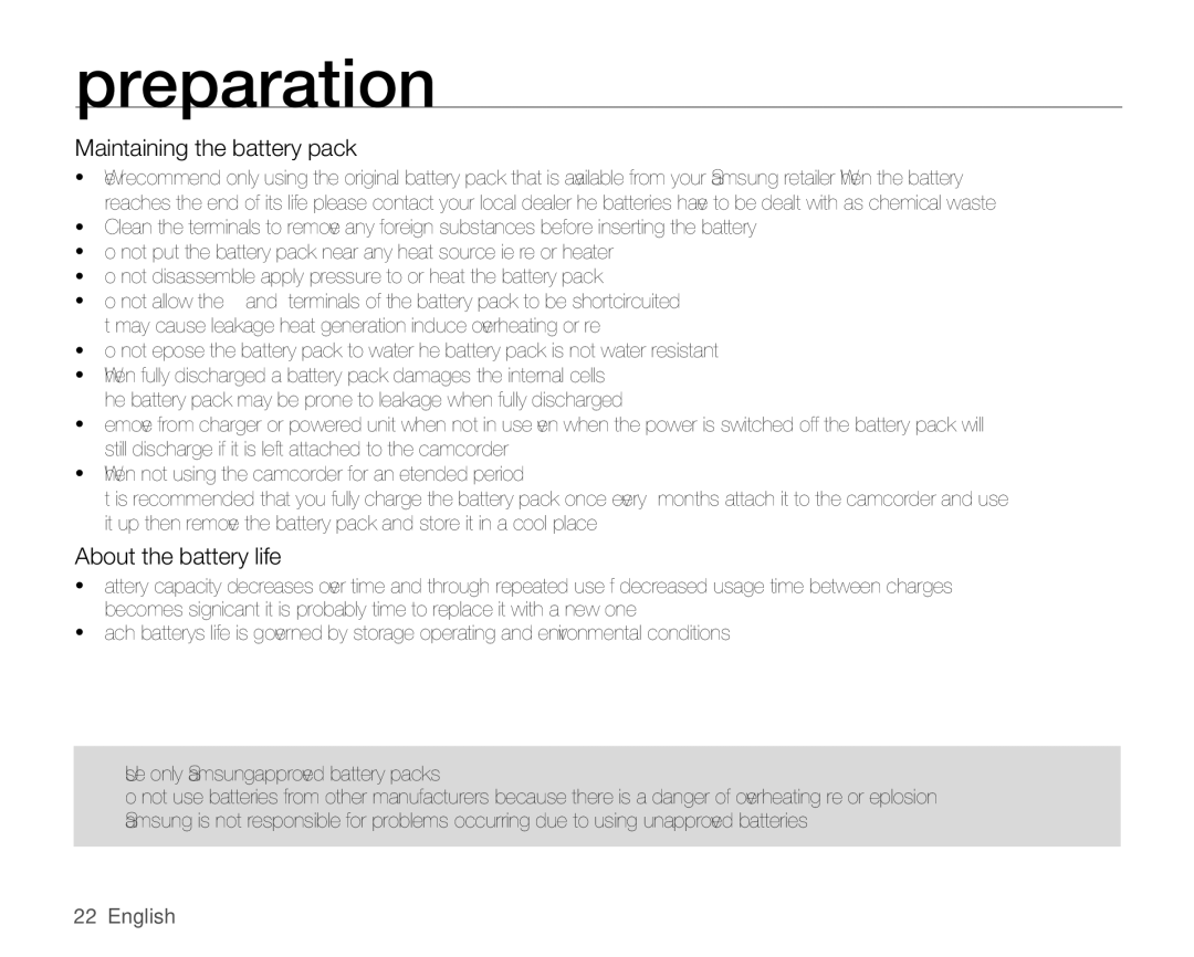 Samsung SMX-C14RP/XER, SMX-C10GP/XEU, SMX-C10GP/EDC manual Maintaining the battery pack, About the battery life, 22English 