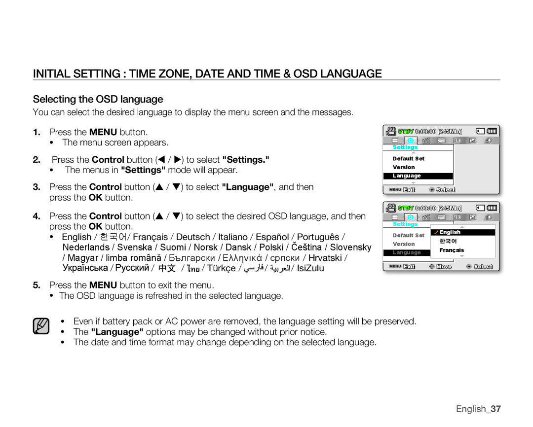 Samsung SMX-C14LP/EDC, SMX-C10GP/XEU, SMX-C10GP/EDC, SMX-C14RP/EDC, SMX-C10RP/EDC manual Selecting the OSD language, English37 