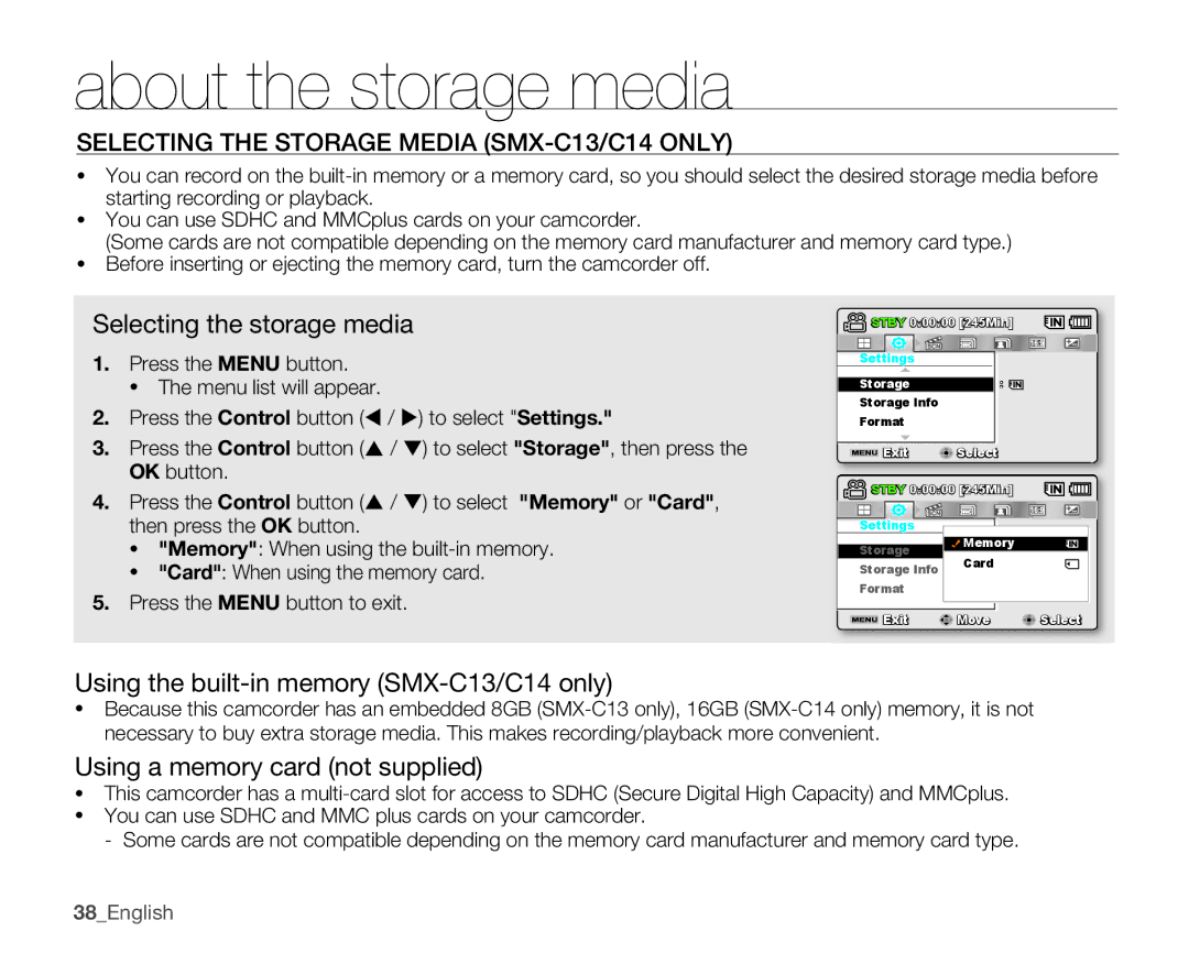 Samsung SMX-C10LP/EDC About the storage media, Selecting the Storage Media SMX-C13/C14 only, Selecting the storage media 