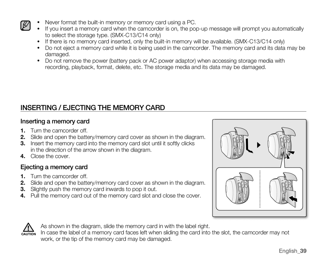 Samsung SMX-C10LP/CAN, SMX-C10GP/XEU manual Inserting / Ejecting the Memory Card, Inserting a memory card, English39 