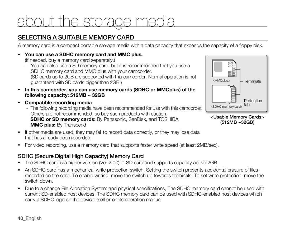 Samsung SMX-C10GP/CAN manual Selecting a Suitable Memory Card, Sdhc Secure Digital High Capacity Memory Card, 40English 