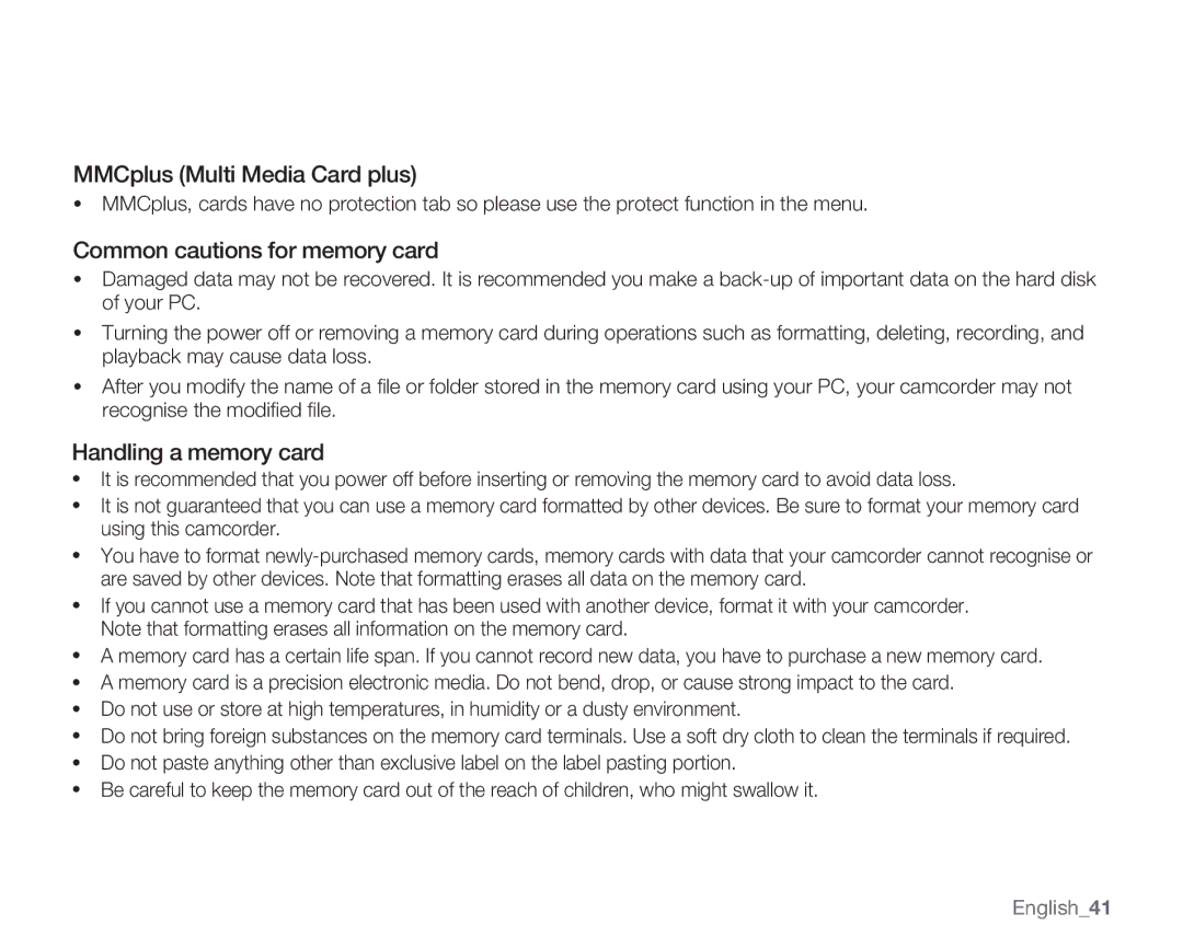 Samsung SMX-C100RP/EDC MMCplus Multi Media Card plus, Common cautions for memory card, Handling a memory card, English41 