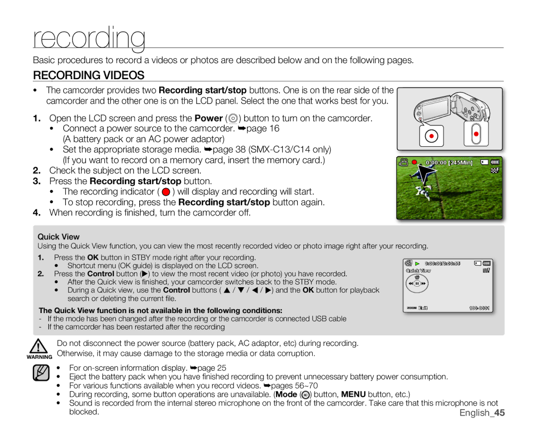 Samsung SMX-C10RP/AAW, SMX-C10GP/XEU, SMX-C10GP/EDC, SMX-C14RP/EDC, SMX-C10RP/EDC, SMX-C100GP/EDC manual Recording Videos 