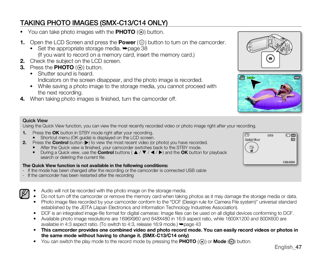 Samsung SMX-C14RP/AAW, SMX-C10GP/XEU, SMX-C10GP/EDC, SMX-C14RP/EDC manual Taking Photo Images SMX-C13/C14 only, English47 