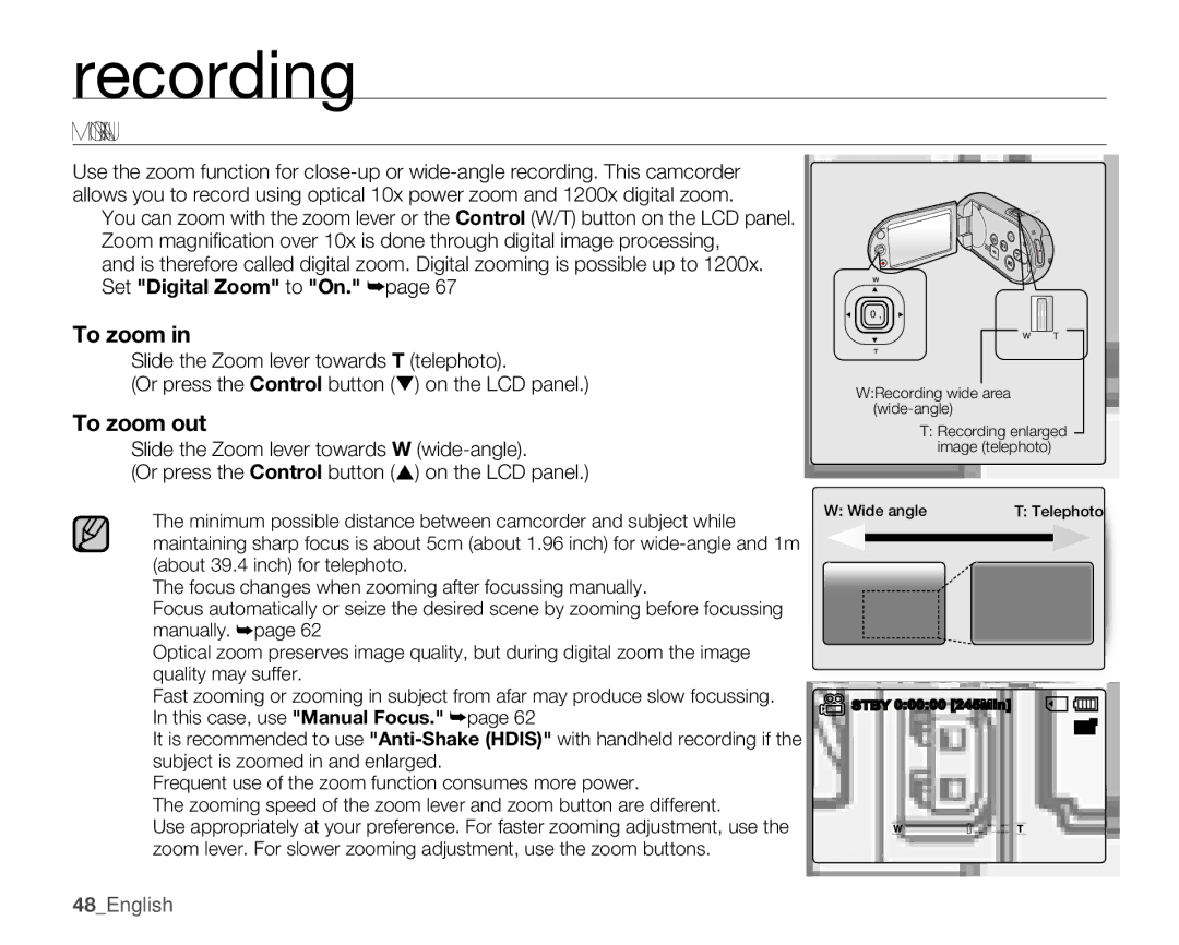 Samsung SMX-C10RP/MEA, SMX-C10GP/XEU, SMX-C10GP/EDC, SMX-C14RP/EDC, SMX-C10RP/EDC, SMX-C14GP/EDC Zooming in and OUT, 48English 