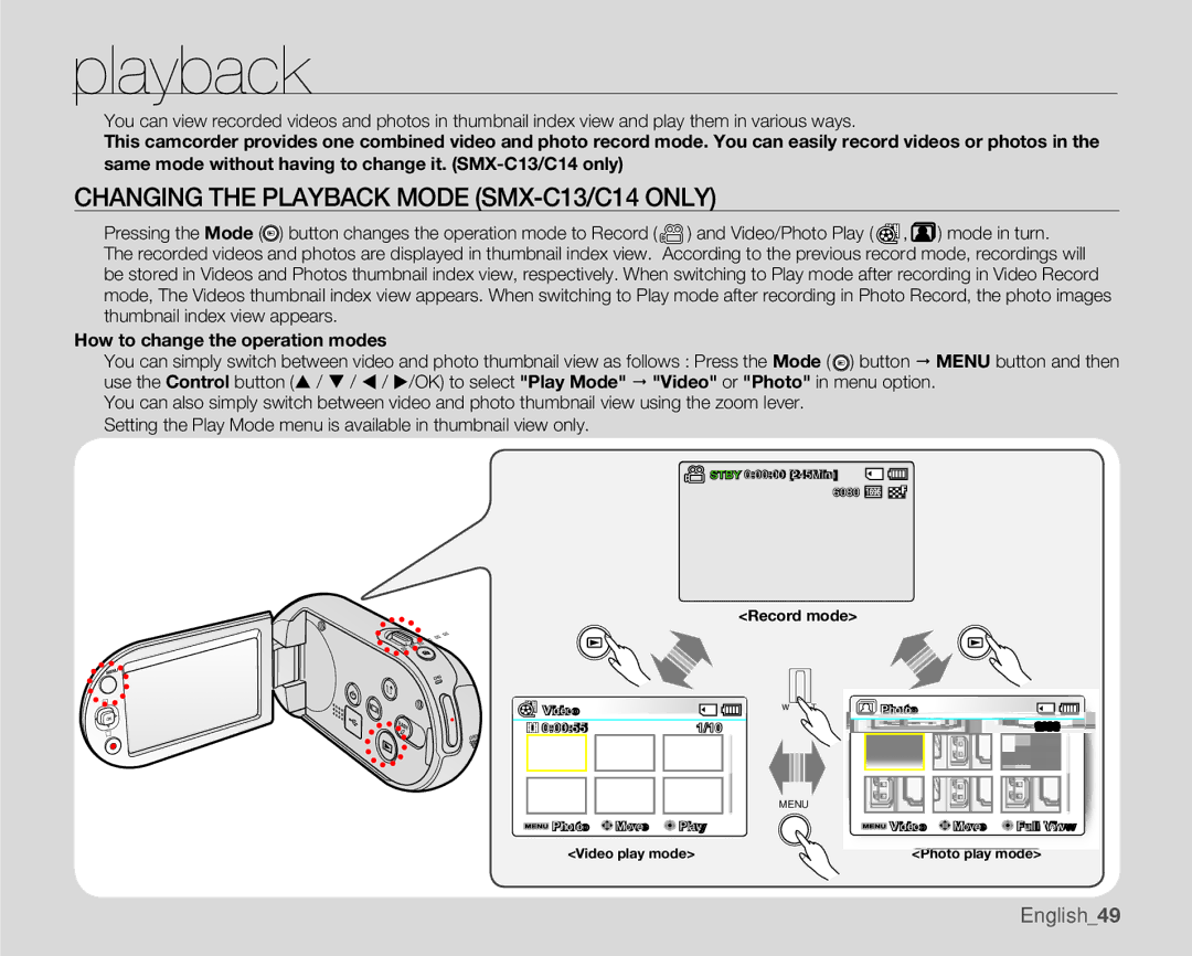 Samsung SMX-C14RP/MEA, SMX-C10GP/XEU, SMX-C10GP/EDC manual Changing the Playback Mode SMX-C13/C14 only, English49 