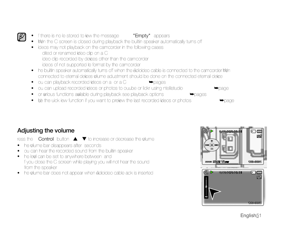 Samsung SMX-C10RP/HAC, SMX-C10GP/XEU, SMX-C10GP/EDC, SMX-C14RP/EDC, SMX-C10RP/EDC manual Adjusting the volume, English51 