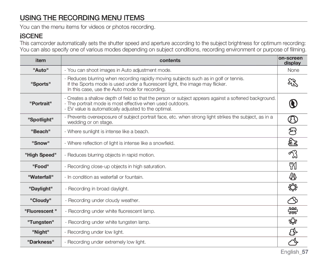 Samsung SMX-C10GP/XEB, SMX-C10GP/XEU, SMX-C10GP/EDC, SMX-C14RP/EDC manual Using the Recording Menu Items, Iscene, English57 