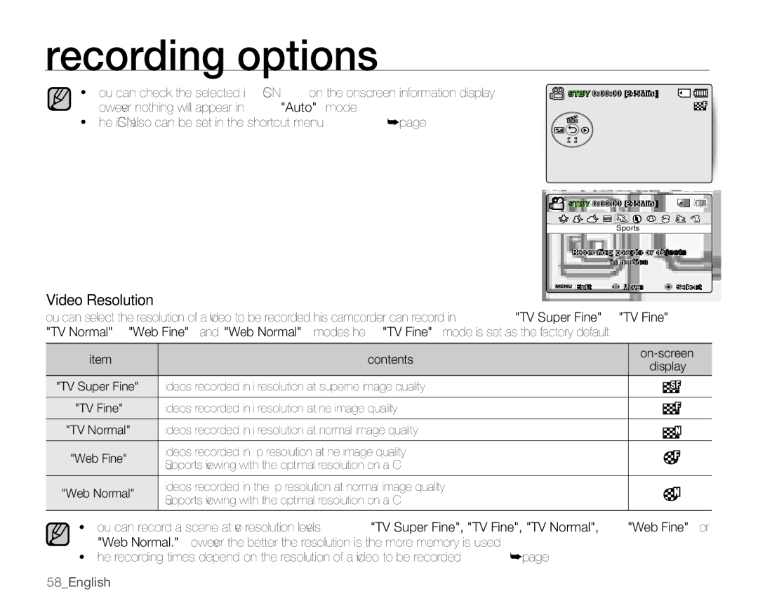 Samsung SMX-C10LP/XEB, SMX-C10GP/XEU, SMX-C10GP/EDC, SMX-C14RP/EDC, SMX-C10RP/EDC, SMX-C100GP/EDC Video Resolution, 58English 